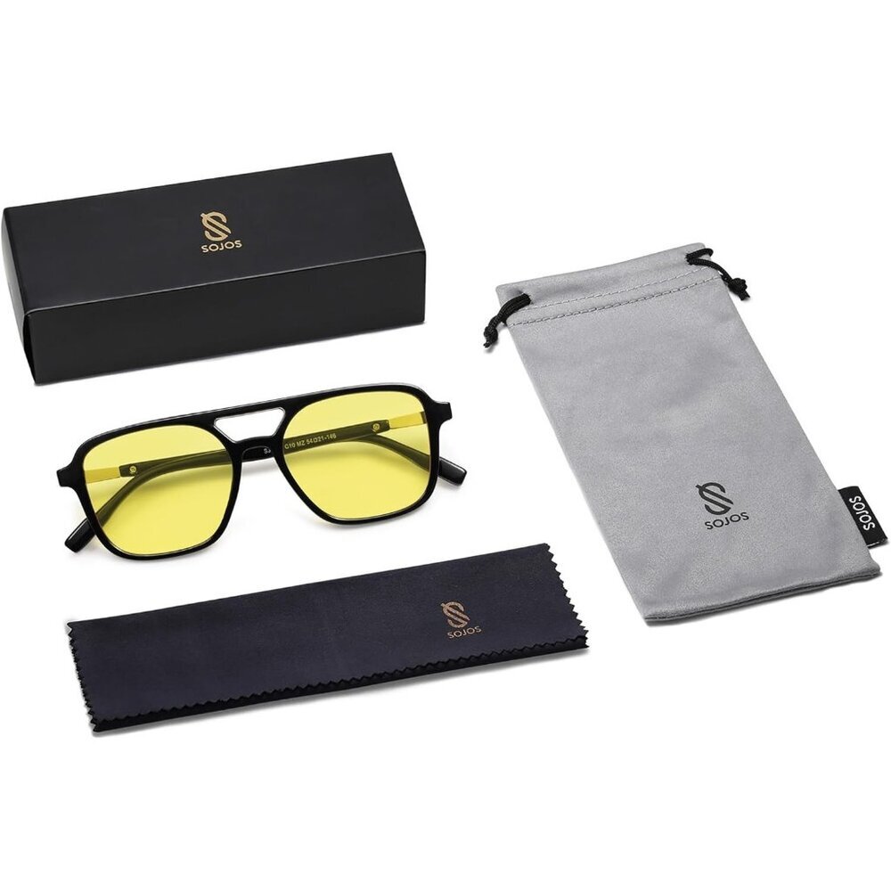 Women's Black Yellow Trendy Rectangle Retro Aviator Sunglasses Elegant Frame - Picture 6 of 6